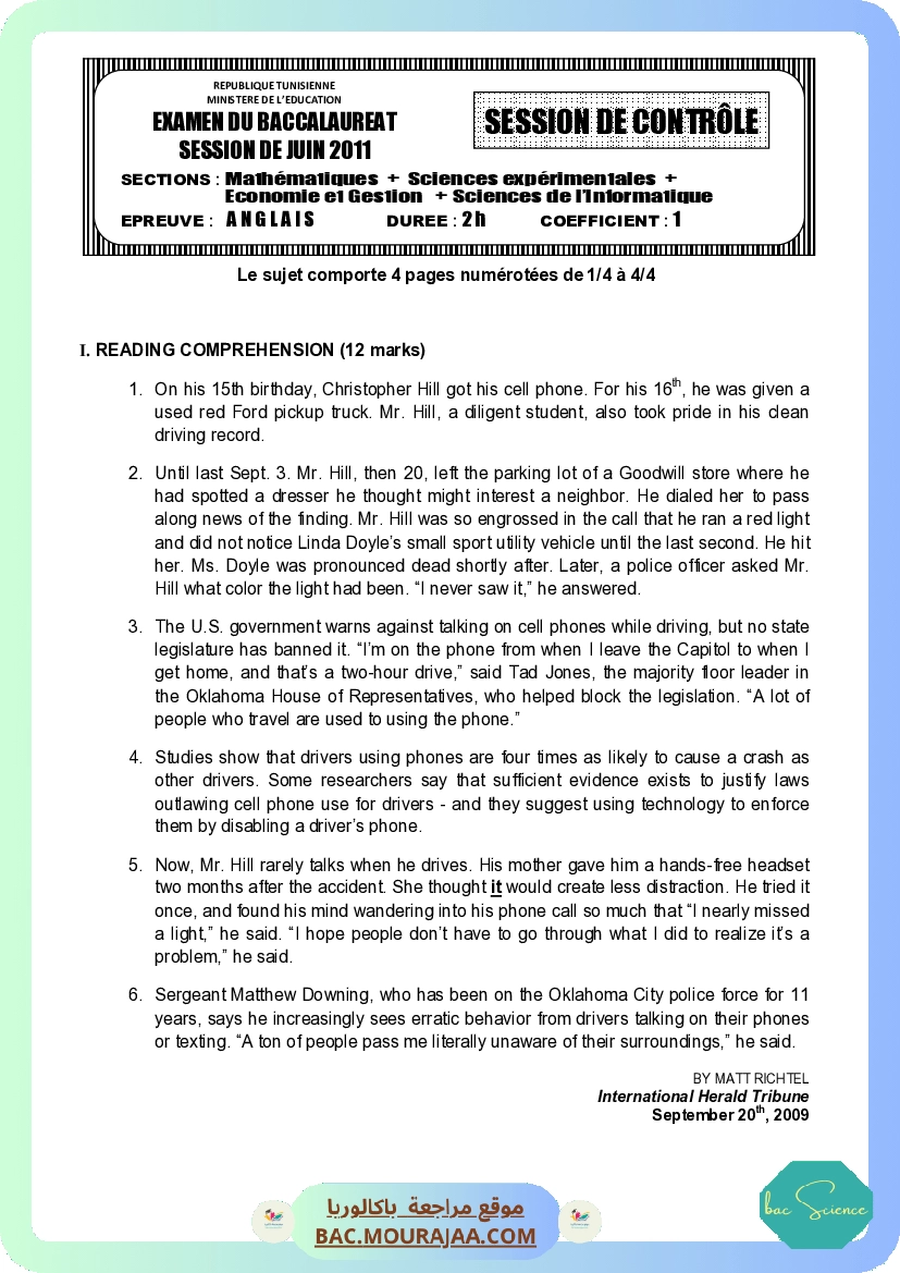 Sujet controle anglais Bac 2011 – Section science